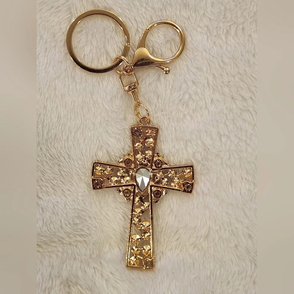 Gold Cross Keychain with Colorful Gems Bag Charm